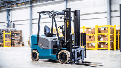 A blue and black modern forklift is sitting in a warehouse with a large stack of yellow shelves in the background