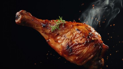 Grilled chicken leg isolated and flying in the air with flames and spices