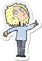 retro distressed sticker of a cartoon curious woman