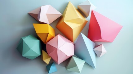 A background of colorful origami paper with geometric shapes for creative design projects
