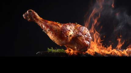Grilled chicken leg isolated and flying in the air with flames and spices