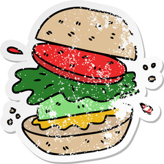 distressed sticker of a quirky hand drawn cartoon veggie burger