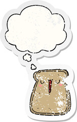 cartoon toast and thought bubble as a distressed worn sticker