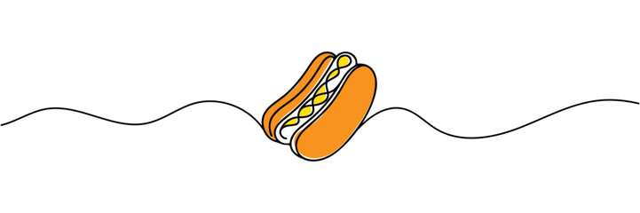 continuous line drawing of a hot dog.One line drawing of a hot dog. vector illustration. - obrazy, fototapety, plakaty