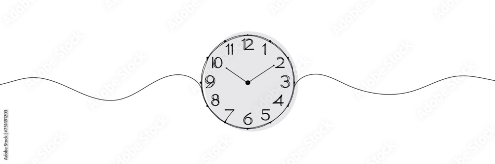 Poster continuous one line drawing clock icon with doodle handdrawn style. vector illustration