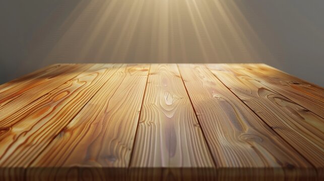 illustration a realistic top 45 degree angle view long wooden table top with light burly wood color, expensive wooden table, in living room, vivid light, warm color tone​
