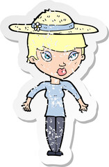 retro distressed sticker of a cartoon woman in summer hat