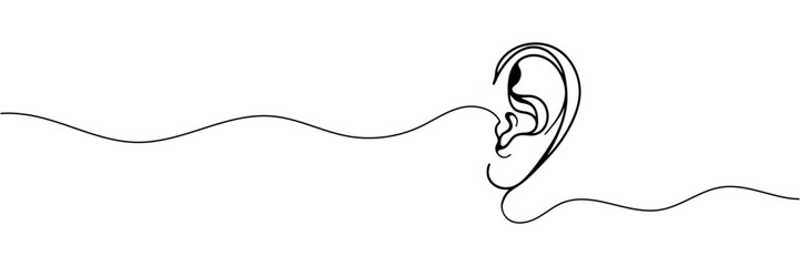 Human ear: one line, continuous line. Linear contour of the ear, silhouette. vector illustrator.
