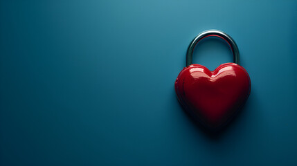 Loves Eternal Commitment Glossy Red Heart Padlock on Blue Background. Romance Concept with Shiny Heart Symbol. Wedding, Valentine, Anniversary. Generative Ai