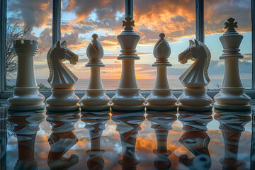 Assortment of chess pieces with dramatic backdrop. Generative Ai
