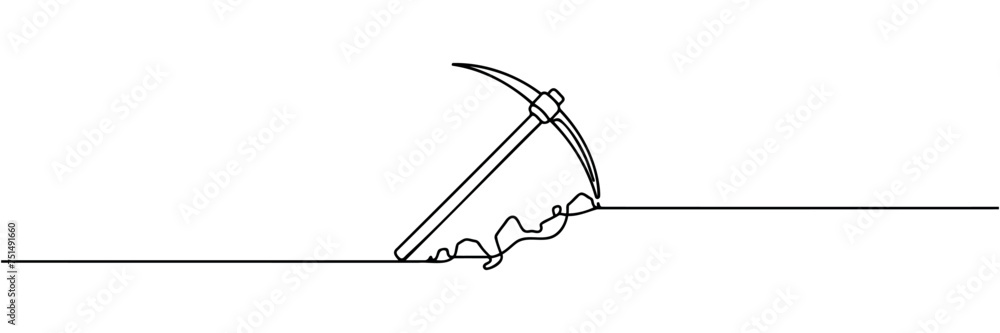 Poster continuous line drawing art pickaxe tool mining pickaxe concept.