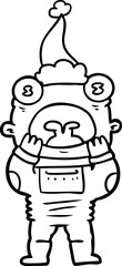 line drawing of a alien gasping in surprise wearing santa hat