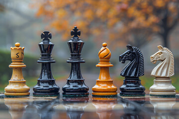 Assortment of chess pieces with dramatic backdrop. Generative Ai