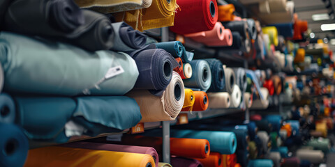 Colorful Fabric Selection Assortment. Assorted textiles rolls on display in fabric store, nobody, copy space.   