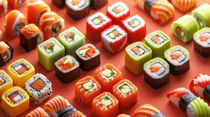 Selbstklebende Fototapeten isometric cubes of multicolored sushi rolls filling ​ © Sem