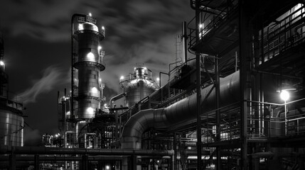 A black and white photo of an oil refinery at night, with a cloudy sky and lights illuminating the...