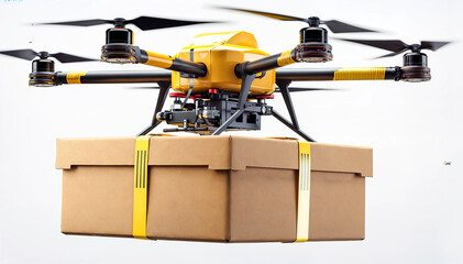 The image shows a yellow drone with four propellers The drone is carrying a brown cardboard box with yellow stripes