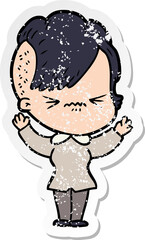 distressed sticker of a cartoon annoyed hipster girl