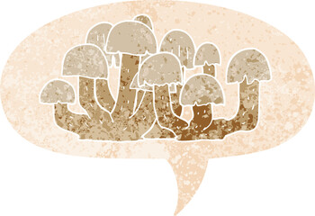 cartoon mushroom and speech bubble in retro textured style