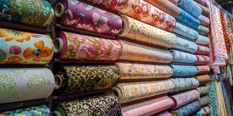 Colorful Fabric Selection Assortment. Assorted textiles rolls on display in fabric store, nobody, copy space.   