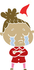flat color illustration of a crying woman wearing santa hat