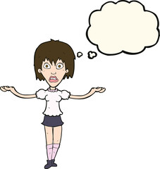 cartoon woman shrugging shoulders with thought bubble