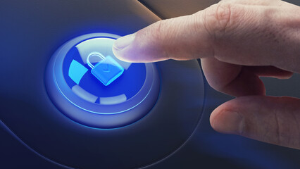 The finger is ready to press the button with the glowing lock. 3d rendering. Finger touch