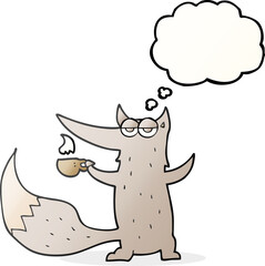 thought bubble cartoon wolf with coffee cup