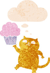 cartoon cat with cupcake and thought bubble in retro textured style
