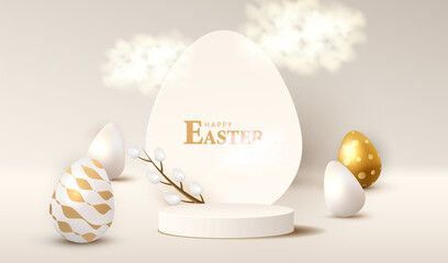 Happy Easter card with display podium cream color background. Stage with gold eggs and catkins.  Studio with white and gold eggs backdrop. Holiday vector illustration.
- 751493234