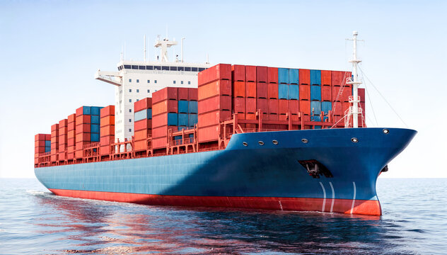 A large container ship is underway at sea The ship is carrying a full load of containers, which are likely filled with goods and materials