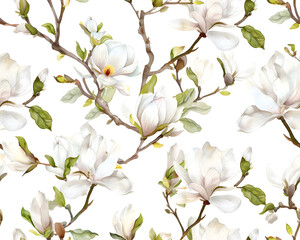Seamless watercolor pattern of white magnolia flowers blooming in spring, isolated on a white background