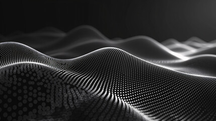 A grayscale image of a dynamic wave pattern created by illuminated dots