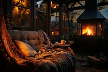 View from inside of country house with fireplace. Evening mood