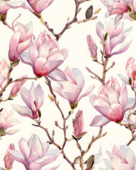 Fototapeta premium Seamless watercolor pattern of white magnolia flowers blooming in spring, isolated on a white background