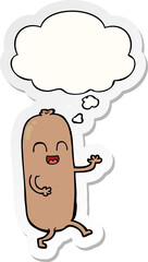 cartoon dancing sausage and thought bubble as a printed sticker