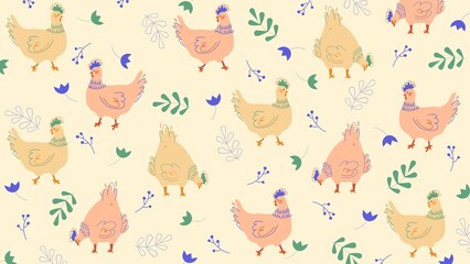 Hand drawn Chicken Easter spring background pattern