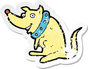 retro distressed sticker of a cartoon happy dog in big collar