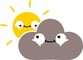 flat color retro cartoon storm cloud and sun
