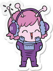sticker of a cartoon alien girl listening to music