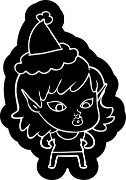 pretty cartoon icon of a elf girl wearing santa hat