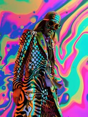 A skull figure in a modern suit against neon wave patterns that exudes a cyber-inspired fashion statement