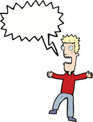 cartoon terrified man with speech bubble