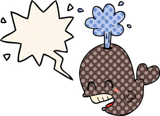 cartoon spouting whale and speech bubble in comic book style