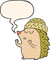 cartoon hedgehog wearing hat and speech bubble in comic book style