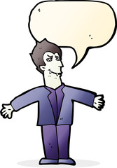 cartoon vampire man with open arms with speech bubble