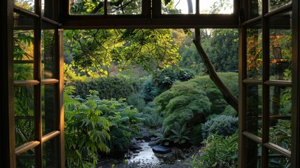  A photo of a garden view with a stream, seen from a window. The stream is surrounded by trees and plants, and there is a small house in the background.