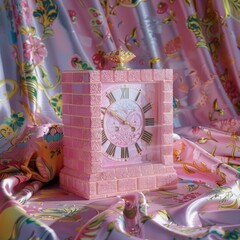 A luxurious square clock covered in pink glitter with a prominent golden crown and roman numerals