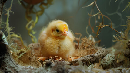 Lovely Scene of Newborn Yellow Chicken Hatching from Eggshell, Suitable for Agriculture and Nature Themes, Generative Ai