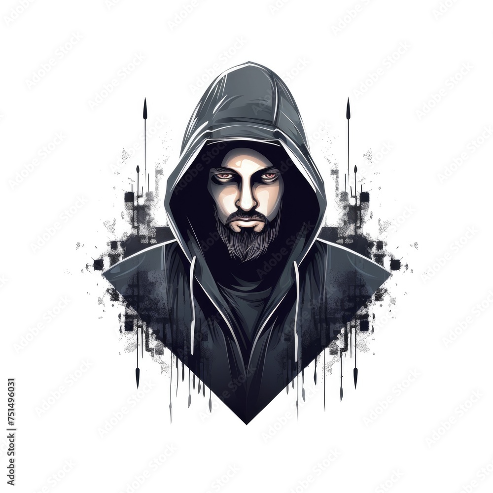 Poster minimalistic graphic logo of computer hacker on white background